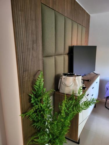 een kamer met een bureau met een tas en planten bij Mrągowski Apartament 1 in Mrągowo