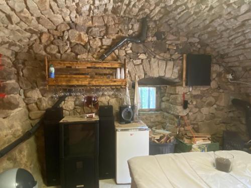eine Küche mit einer Steinmauer, einem Herd und einem Kühlschrank in der Unterkunft Le gite du moulin in Lablachère
