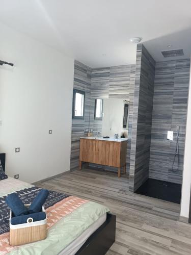 - une chambre avec une salle de bains pourvue d'une baignoire et d'un lavabo dans l'établissement Villa au calme, à Montauroux