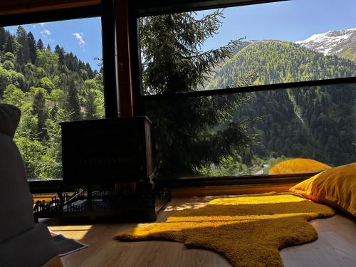 愛迪爾亞伊納斯的住宿－Ayder Dağ Evi，卧室设有山景大窗户
