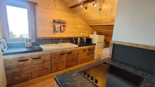 a kitchen with a sink and a counter top at Appartement style montagne avec SPA in Égat