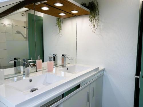 La salle de bains est pourvue de 2 lavabos et d'un miroir. dans l'établissement Appartement climatisé Le Gambetta, à Pont-à-Mousson