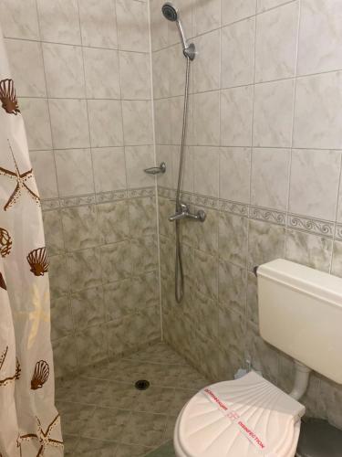 a bathroom with a shower with a toilet in it at Sozopol For Two in Sozopol