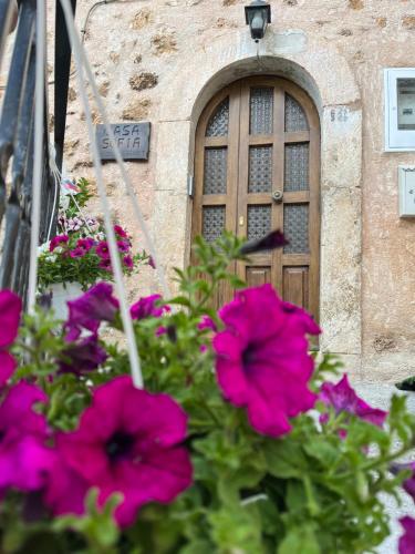 Un mazzo di fiori rosa davanti a una porta di Casa Sofia a Calascio