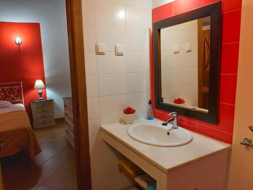 a bathroom with a sink and a mirror and a bed at casa da Aldeia in Minas de São Domingos