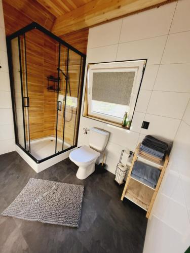 a small bathroom with a toilet and a shower at Przytulny domek w Brajnikach 86 37 in Jedwabno