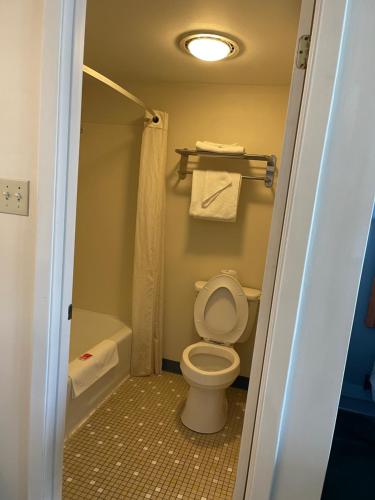 uma pequena casa de banho com WC e chuveiro em Horseshoe Curve Lodge em Altoona