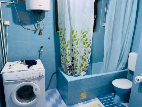 een blauwe badkamer met een wasmachine en een douche bij Apartmani SRNA, Igalo in Igalo