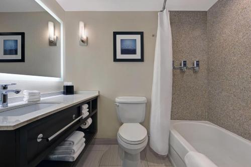 a bathroom with a toilet and a tub and a sink at Four Points by Sheraton Birmingham Homewood in Homewood