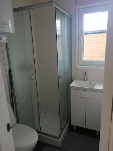 une salle de bain avec une douche, des toilettes et un lavabo dans l'établissement Petite maison de vacances, à Onesse-et-Laharie