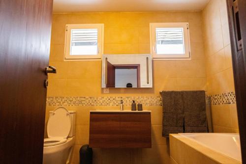 a bathroom with a toilet and a sink and a mirror at Luxurious and peaceful 3BR Apt with a Pool Close to shops, restaurants, Kotoka Airport in Accra
