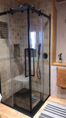 La salle de bains est pourvue d'une douche en verre et d'un téléphone. dans l'établissement Beautiful 17th century Bastidon in Provence, à Draguignan