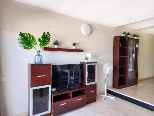 a living room with a entertainment center with a tv at Ocean View Villas Canarias in Adeje