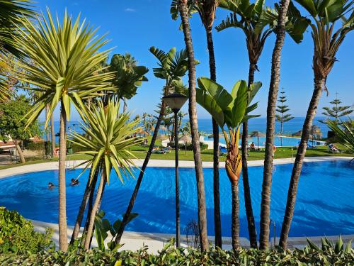 een zwembad met palmbomen en de oceaan op de achtergrond bij Summer House duplex en la playa con piscina in Benalmádena