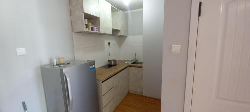 a white kitchen with a refrigerator in a room at Tsatsa in Ulaanbaatar