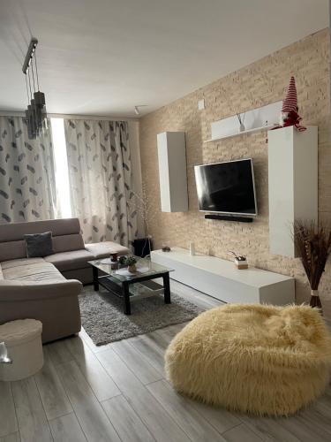 sala de estar con sofá y TV en la pared en Ary apartments, en Ocna-Mureşului