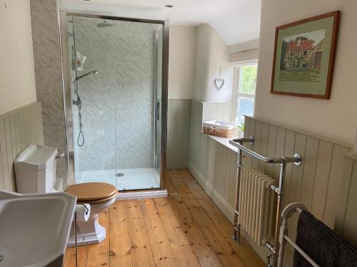 ein Bad mit einer Duschkabine und einem WC in der Unterkunft Wayside Cottage - Cosy Cottage in Somerset in Evercreech