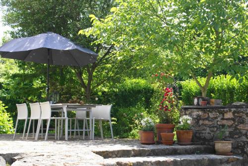 a table and chairs with an umbrella in a garden at Odiel & Gabrielle in Montchevrier