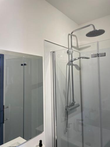 a shower in a bathroom with a glass shower stall at Villa Artiz in Dunkerque