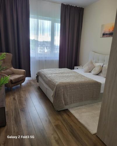 a bedroom with a bed and a window at David’s place in Floreşti