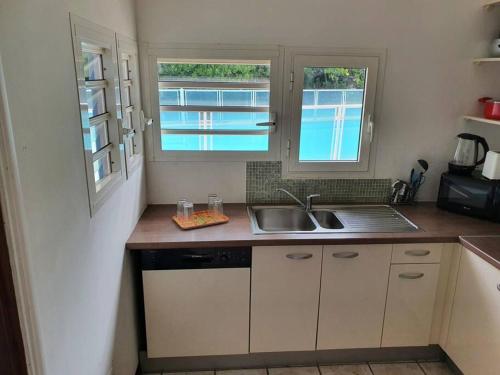 a small kitchen with a sink and two windows at PAVILLON CARAIBE in Petit-Bourg