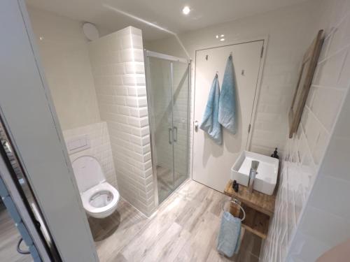 een witte badkamer met een toilet en een douche bij 't KlupHoes in Maastricht