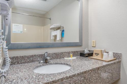 a bathroom counter with a sink and a mirror at Days Inn by Wyndham Coliseum Montgomery AL in Montgomery