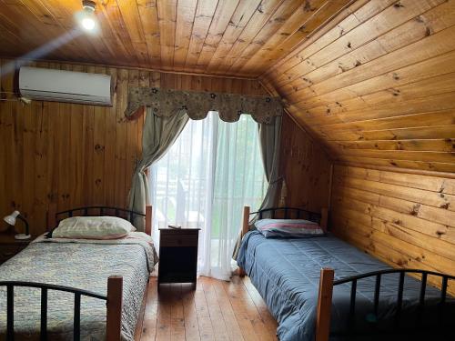 2 Betten in einem Holzzimmer mit Fenster in der Unterkunft Alojamiento Machicura in Linares