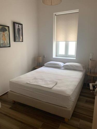 a white bed in a bedroom with a window at Alani house in Tinos