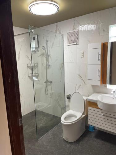 a bathroom with a shower and a toilet and a sink at Rose Apartment 