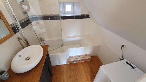 a bathroom with a white sink and a shower at appartement du croissant in Bayeux