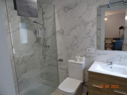 a bathroom with a shower and a toilet and a sink at Apartamentos Cuéntame Burgos - VUT in Burgos