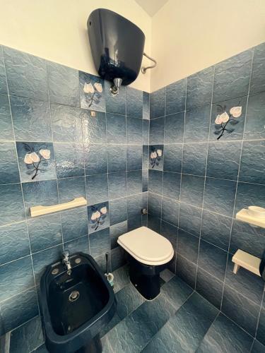 a bathroom with a toilet and a tv on the wall at Piccola Mansarda in Parghelia