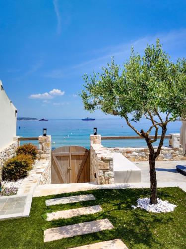 a tree in a yard with the ocean in the background at Aura di mare luxury house Thassos in Limenas