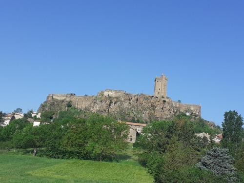 a castle on top of a hill with trees at Maison du Soleil chez Isa in Polignac