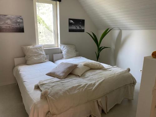 sypialnia z dużym łóżkiem z białą pościelą i poduszkami w obiekcie B&B Maison Blanche w Gandawie