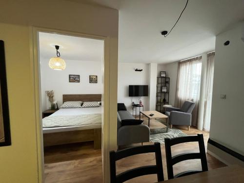 um quarto com uma cama e uma sala de estar em Sailboat Apartment em Niš