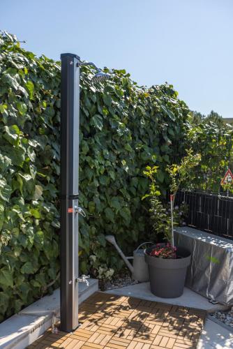 a green wall with two potted plants on a patio at Villa KaTess with heated pool in Split