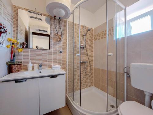 a bathroom with a shower and a sink and a toilet at Apartment Marino in Čižići