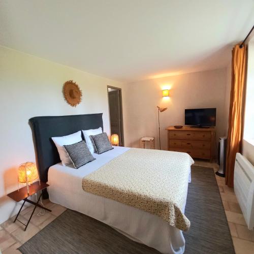 une chambre avec un grand lit et une télévision dans l'établissement Le Cottage du Chat Blanc, à Saint-Didier