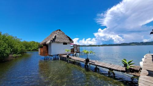 ein Haus auf einem Steg auf einem Wasserkörper in der Unterkunft El Clandestino in Bocas del Toro