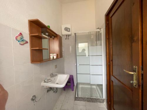 ein Bad mit einem Waschbecken und einer Dusche in der Unterkunft Appartamenti magnolie-La pineta in Valledoria