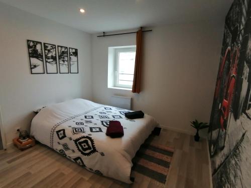 une chambre avec un lit et une fenêtre dans l'établissement Le Vélo Vintage, Beau 2 pièces centre ville, à Tonneins