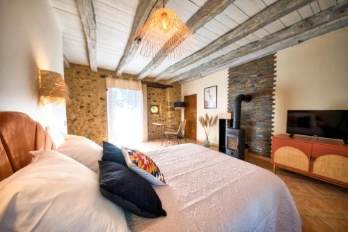 ein Schlafzimmer mit einem Bett mit Kissen und einem TV in der Unterkunft La Fermette du Pérougord à Rouffignac-St-Cernin Périgord Noir in Rouffignac Saint-Cernin