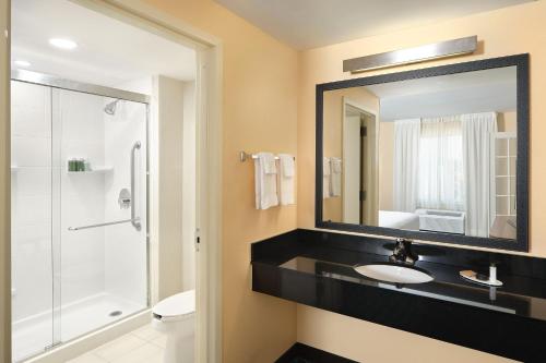 uma casa de banho com um lavatório, um chuveiro e um espelho. em Fairfield Inn & Suites Raleigh Durham Airport Research Triangle Park em Morrisville