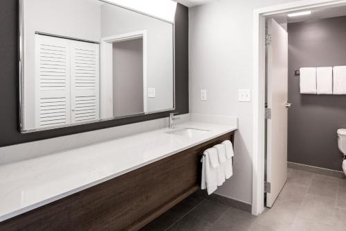 a bathroom with a sink and a mirror at Courtyard by Marriott Charlotte Ballantyne in Charlotte
