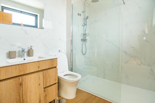 uma casa de banho com um chuveiro, um WC e um lavatório. em Casa Alto da Massada em Canelas