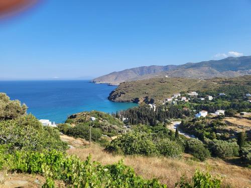 a view of the ocean and a town on a hill at Houlia home διαμερίσματα με δωρεάν χώρο στάθμευσης in Andros