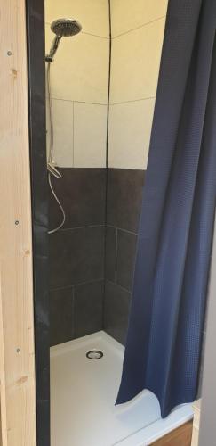 a shower with a blue curtain in a bathroom at Aux Passagers de la baie 2 in Le Crotoy