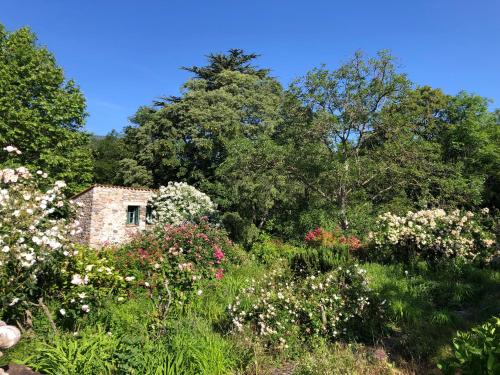 a garden with flowers and trees and a brick building at Gite du grand cèdre in CampÃ´me